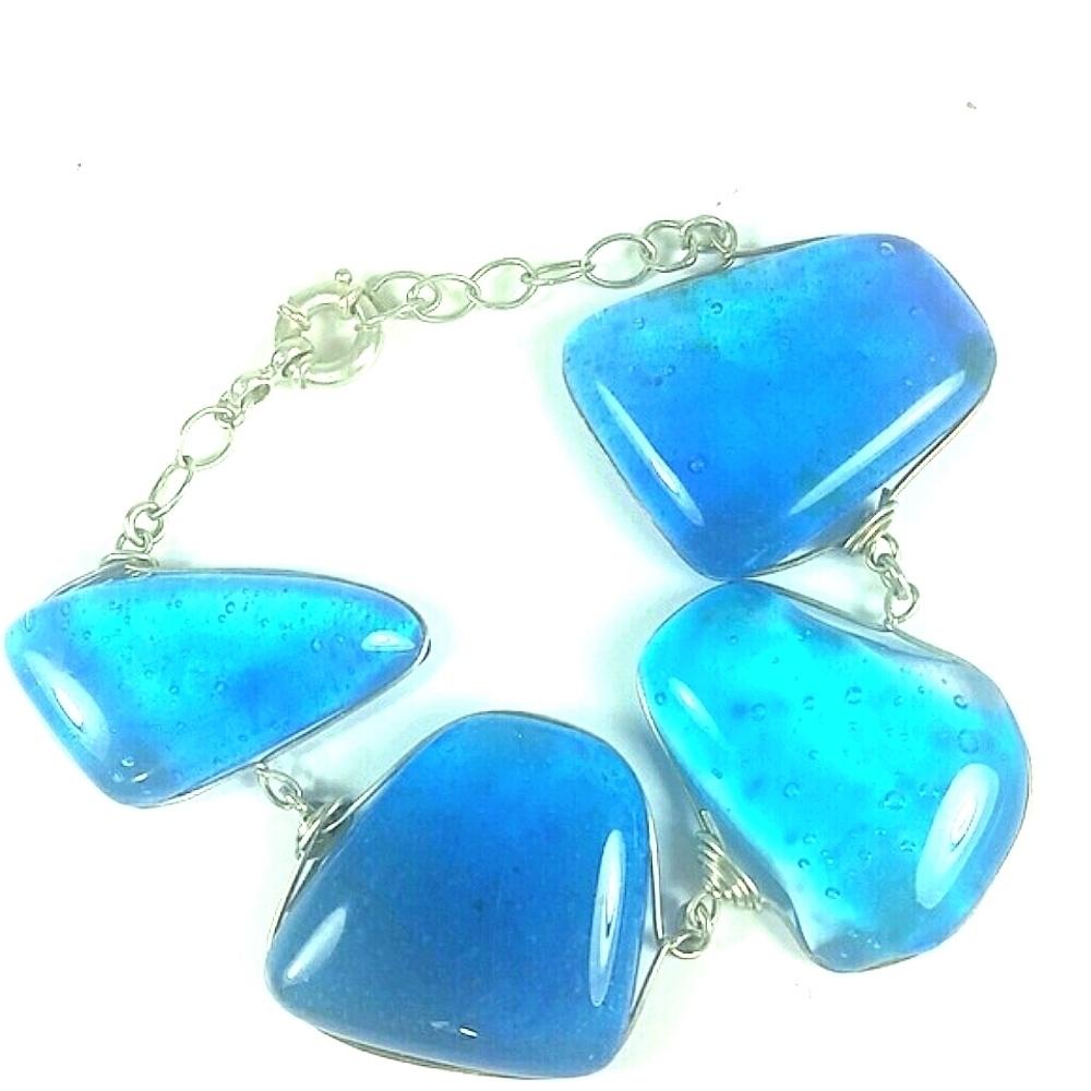Artisan Sterling Silver Wire Wrap Bracelet Aqua Blue Glass Statement Beads 7.5